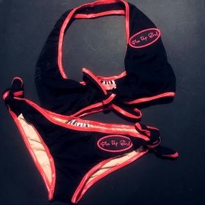 Pinup Couture Black & Pink Halter Mechanic Bikini Swimsuit w/ Ties - Unicorn!